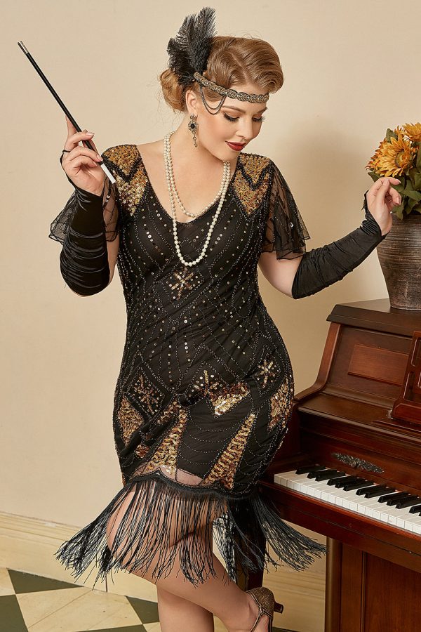 Zwarte Gouden Cap Mouwen 1920s Jurk met 20s Accessoires Set Online-Schn?ppchen – Bild 5