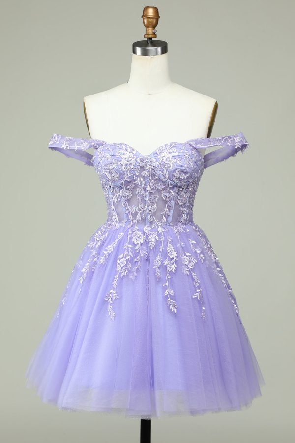 Een lijn off the shoulder Lila Corset Homecoming Jurk met Appliques Online-Verkauf
