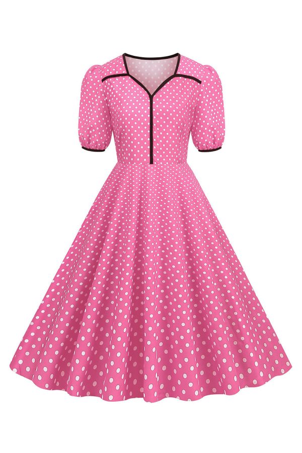 Roze korte mouwen polka dots jaren 1950 jurk Im Angebot