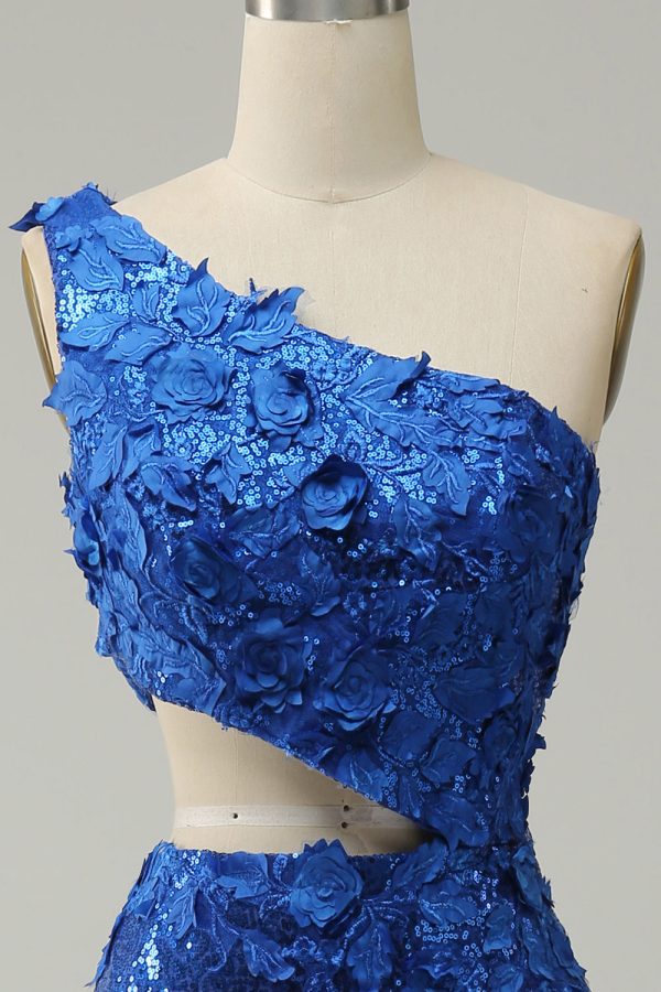 Zeemeermin Een Schouder Royal Blue Pailletten Cut Out Galajurk met Split Front Online – Bild 4