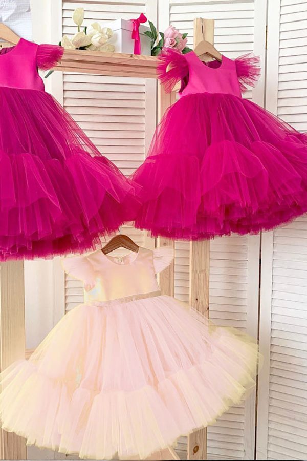 Tule Cap Mouwen Fuchsia Flower Girl Jurk Angebot – Bild 3