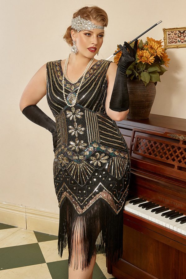 Zwarte Gouden Pailletten Plus Size 1920s Gatsby Jurk met 20s Acessories Set Online – Bild 5