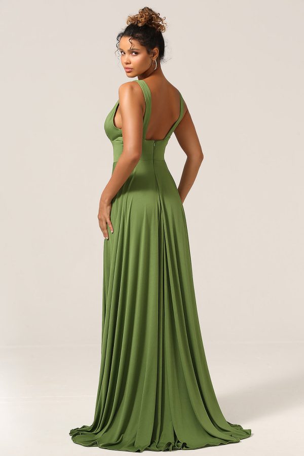 Elegante A Line Olive Deep V-hals mouwloze lange bruidsmeisjesjurk Zu verkaufen – Bild 2
