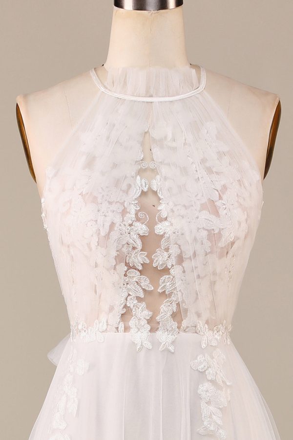 Charmante A Line Halter Halter Ivory Open Back Tulle Sweep Train Trouwjurk met Kant Rabatt – Bild 4