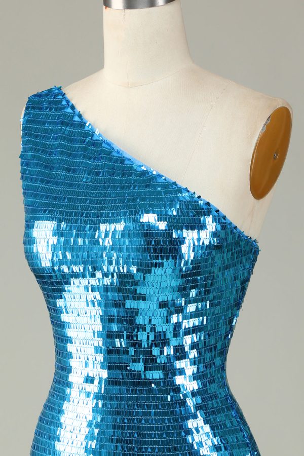 Glitter Royal Blue One Shoulder Pailletten Strakke Hoco Jurk Zu verkaufen – Bild 5