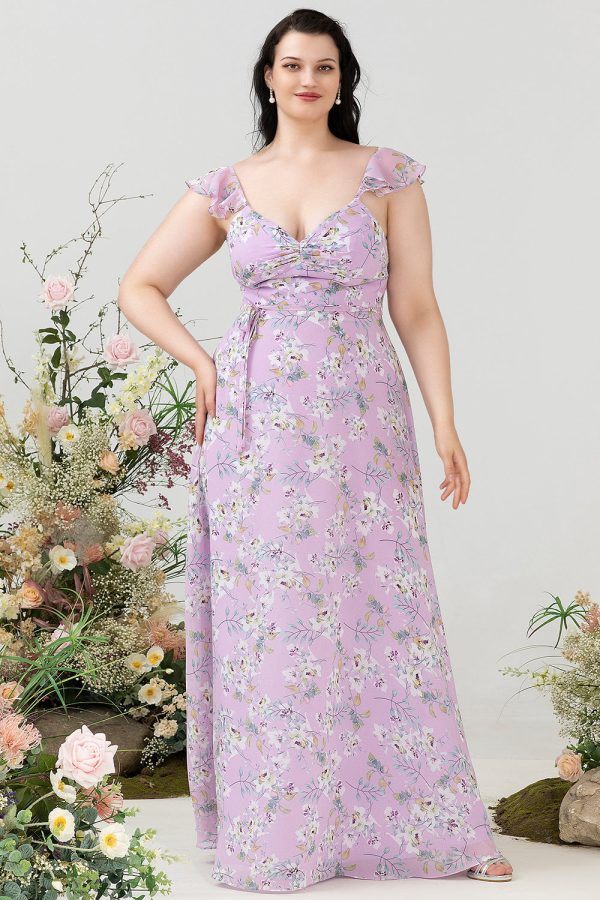 Paarse bloemenprint plus size bruidsmeisjesjurk Verkauf – Bild 5
