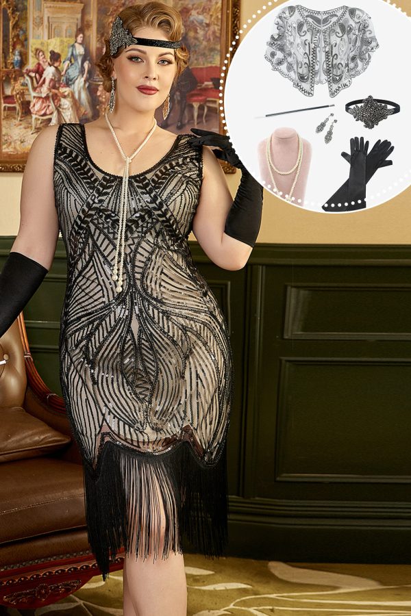 Zwarte en Abrikoos Pailletten 1920s Plus Size Jurk met 20s Accessoires Set Online
