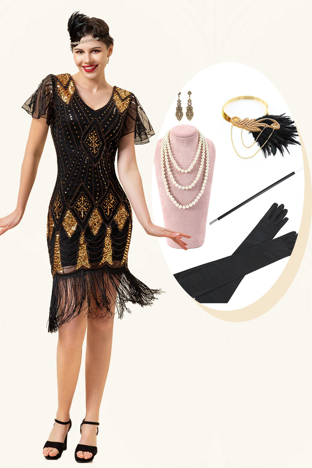 Zwarte en gouden pailletten franjes 1920s Gatsby Jurk met 20s accessoires set Rabatt
