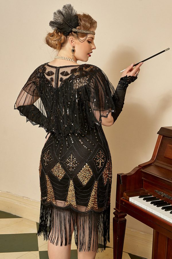 Zwarte Gouden Cap Mouwen 1920s Jurk met 20s Accessoires Set Online-Schn?ppchen – Bild 3