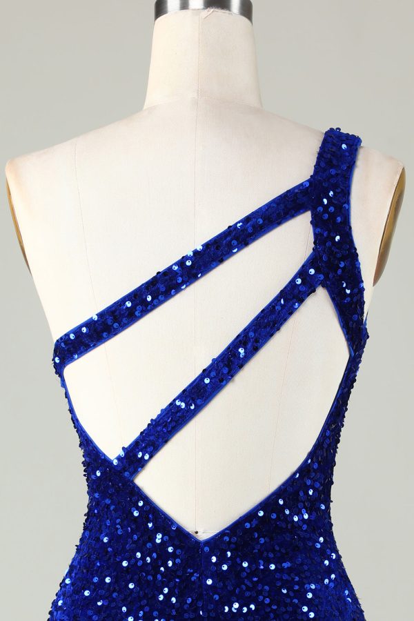 Pailletten One-Shoulder Royal Blue Tight Beading Korte Homecoming Jurk Mode – Bild 4