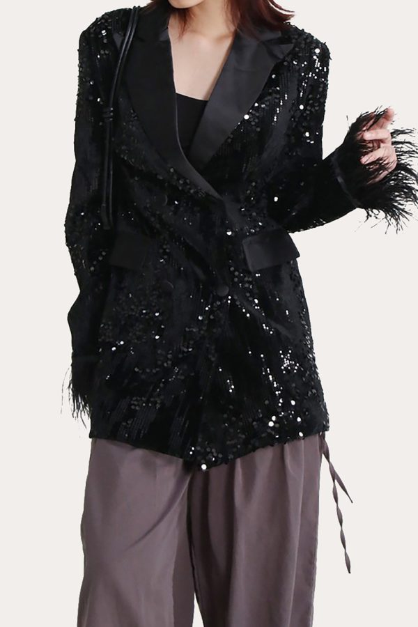 Glitter Zwarte Pailletten Vrouwen Prom Homecoming Blazer met Veren Angebot – Bild 2