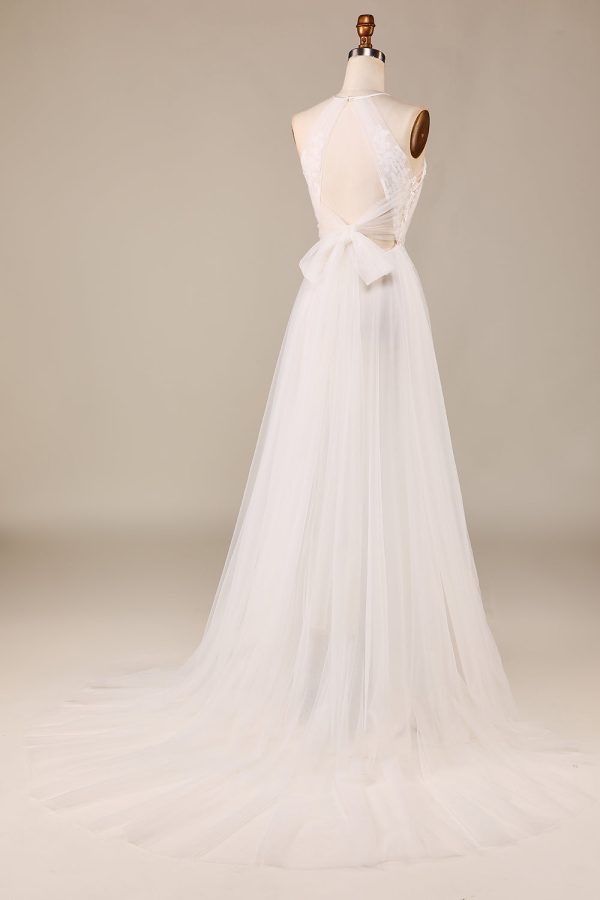 Charmante A Line Halter Halter Ivory Open Back Tulle Sweep Train Trouwjurk met Kant Rabatt – Bild 2