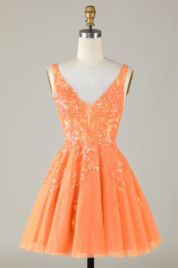 Sprankelende oranje A Line Glitter Homecoming Jurk met Pailletten Schn?ppchen