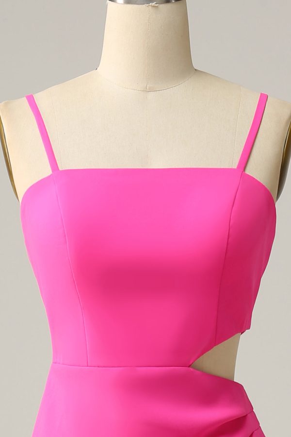 Spaghetti Bandjes Cut Out Hot Pink Bruidsmeisje Jurk met Ruches Online-Verkauf – Bild 4
