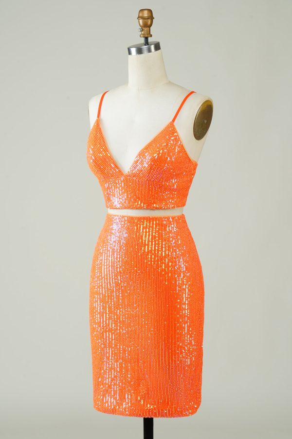 Tweedelige oranje pailletten strakke homecoming jurk Mode – Bild 3