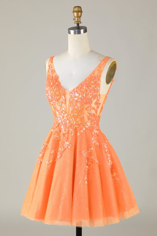 Sprankelende oranje A Line Glitter Homecoming Jurk met Pailletten Schn?ppchen – Bild 5