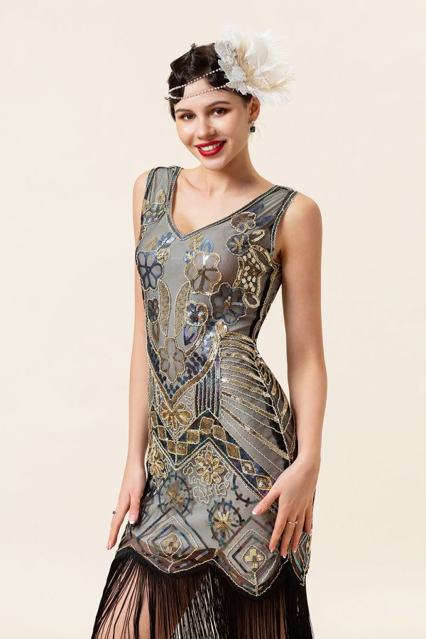 Abrikoos en gouden pailletten franjes 1920s Gatsby Flapper Jurk met 20s accessoires Set Mode – Bild 5