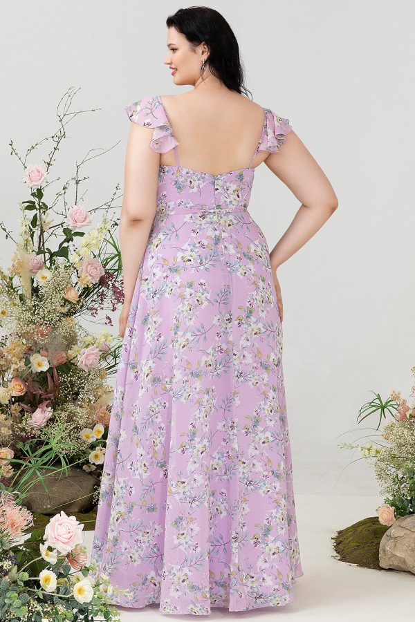 Paarse bloemenprint plus size bruidsmeisjesjurk Verkauf – Bild 2