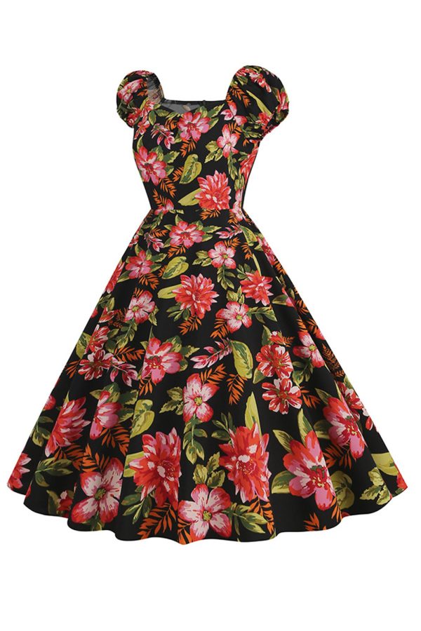 Zwarte bloemenprint swing retro jurk met korte mouwen Online-Schn?ppchen – Bild 3