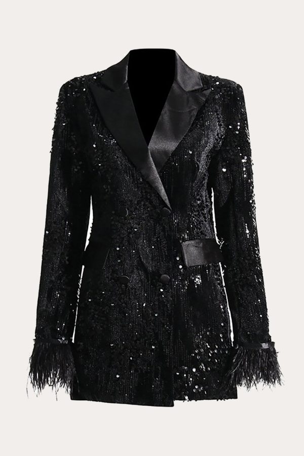 Glitter Zwarte Pailletten Vrouwen Prom Homecoming Blazer met Veren Angebot