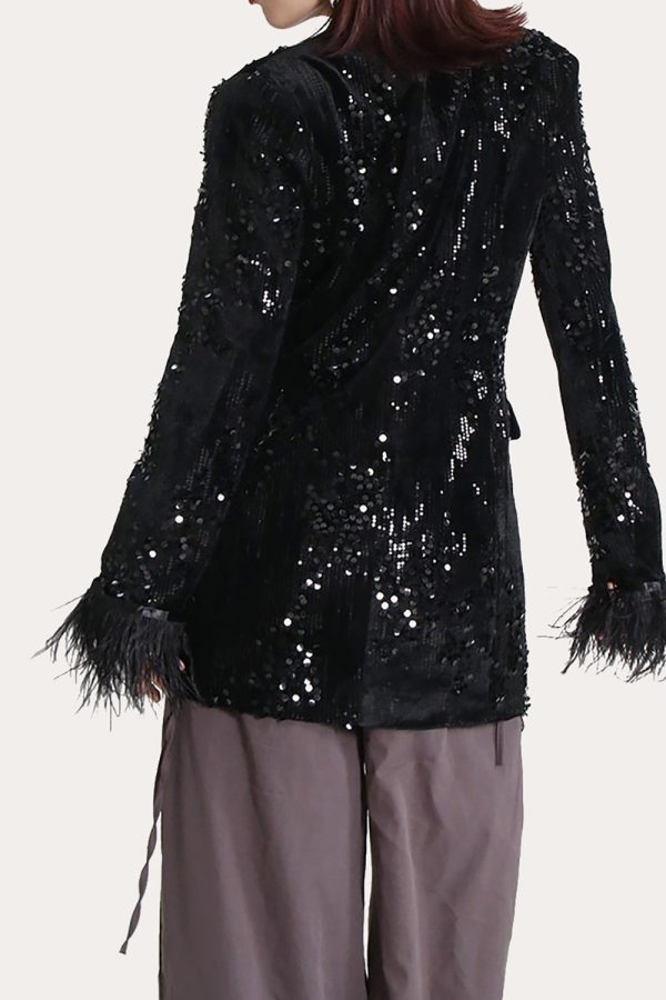 Glitter Zwarte Pailletten Vrouwen Prom Homecoming Blazer met Veren Angebot – Bild 3