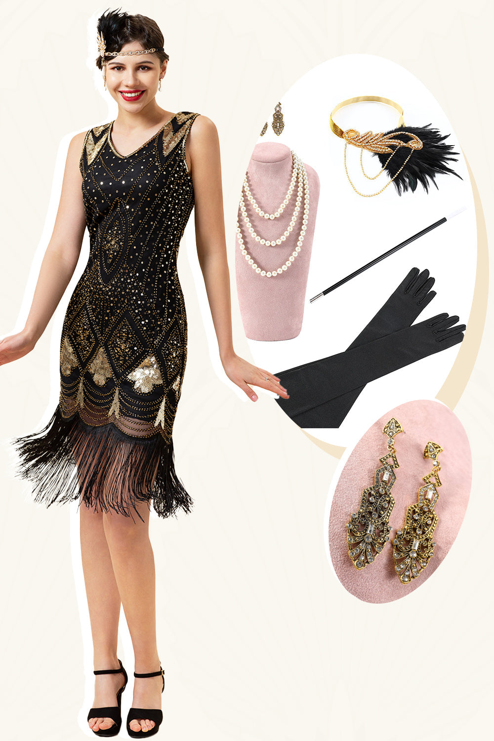 Zwarte en gouden pailletten franjes 1920s Gatsby Flapper Jurk met jaren 20 accessoires set Jetzt online