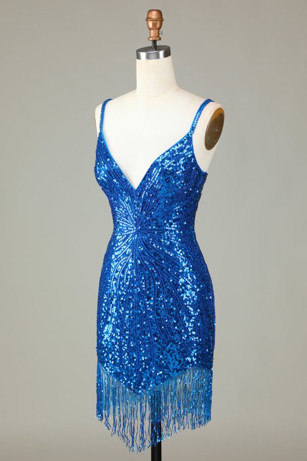 Sprankelende Bodycon Spaghetti Bandjes Blauwe Pailletten Korte Homecoming Jurk met Kwastje Online-Verkauf – Bild 3