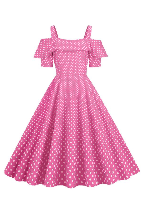 Koude Schouder Polka Dots Roze Jaren 1950 Jurk Mode