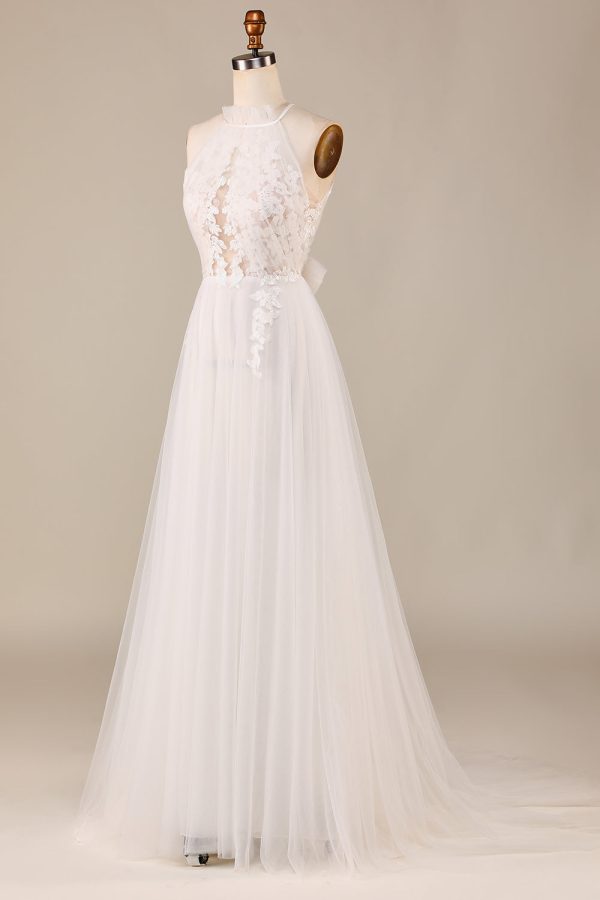 Charmante A Line Halter Halter Ivory Open Back Tulle Sweep Train Trouwjurk met Kant Rabatt – Bild 3