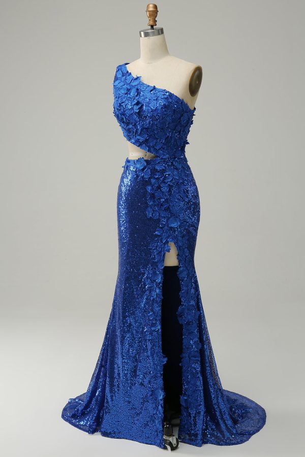 Zeemeermin Een Schouder Royal Blue Pailletten Cut Out Galajurk met Split Front Online – Bild 3