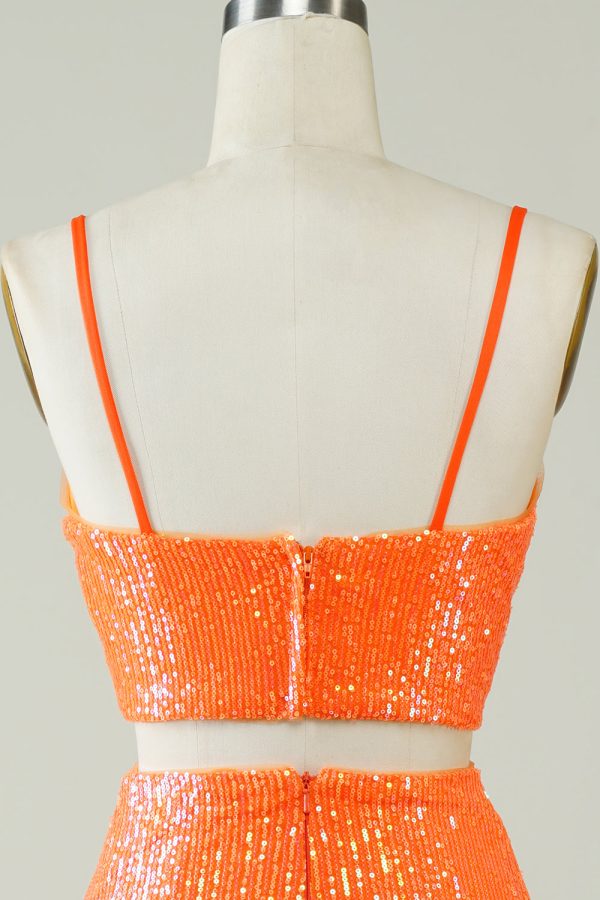 Tweedelige oranje pailletten strakke homecoming jurk Mode – Bild 5