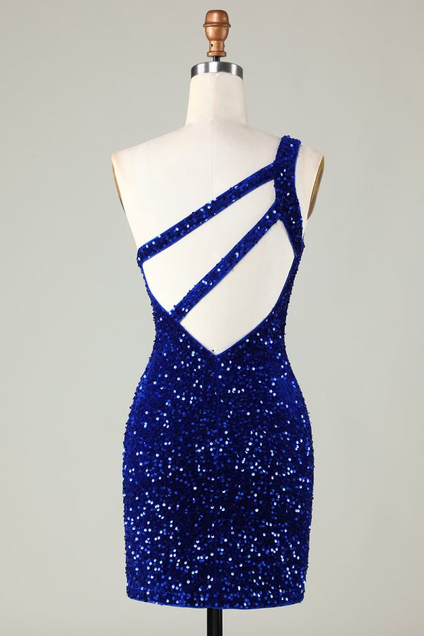 Pailletten One-Shoulder Royal Blue Tight Beading Korte Homecoming Jurk Mode – Bild 2