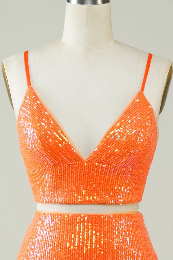 Tweedelige oranje pailletten strakke homecoming jurk Mode – Bild 4