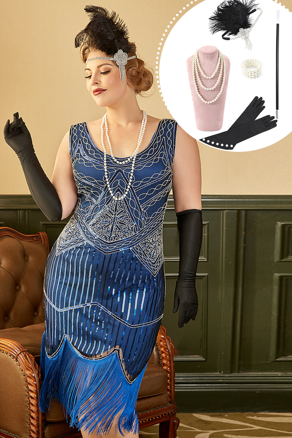 Royal Blue Pailletten 1920s Plus Size Gatsby Jurk met 20s Accessoires Set Mode