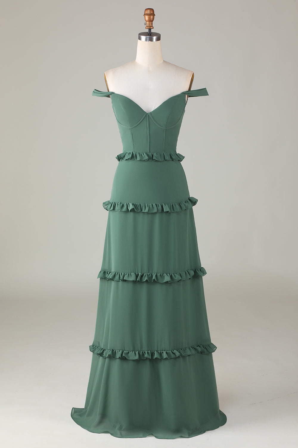 Eucalyptus Off the Shoulder Corset Lange Bruidsmeisjesjurk Im Angebot