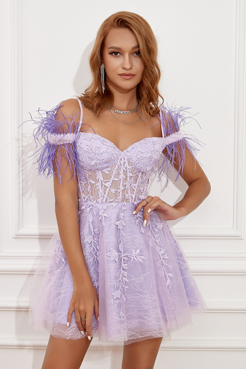 Lavendel Off-shoulder Homecoming Jurk met Veren Online