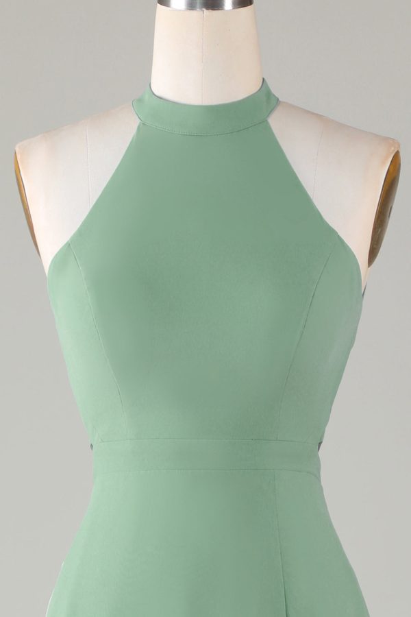 A-Lijn Halter Open Rug Matcha Bruidsmeisjesjurk met Split Front Online-Schn?ppchen – Bild 4