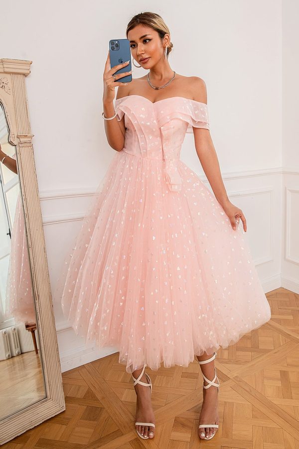 Roze Off Shoulder Harten Galajurk Online-Verkauf – Bild 3