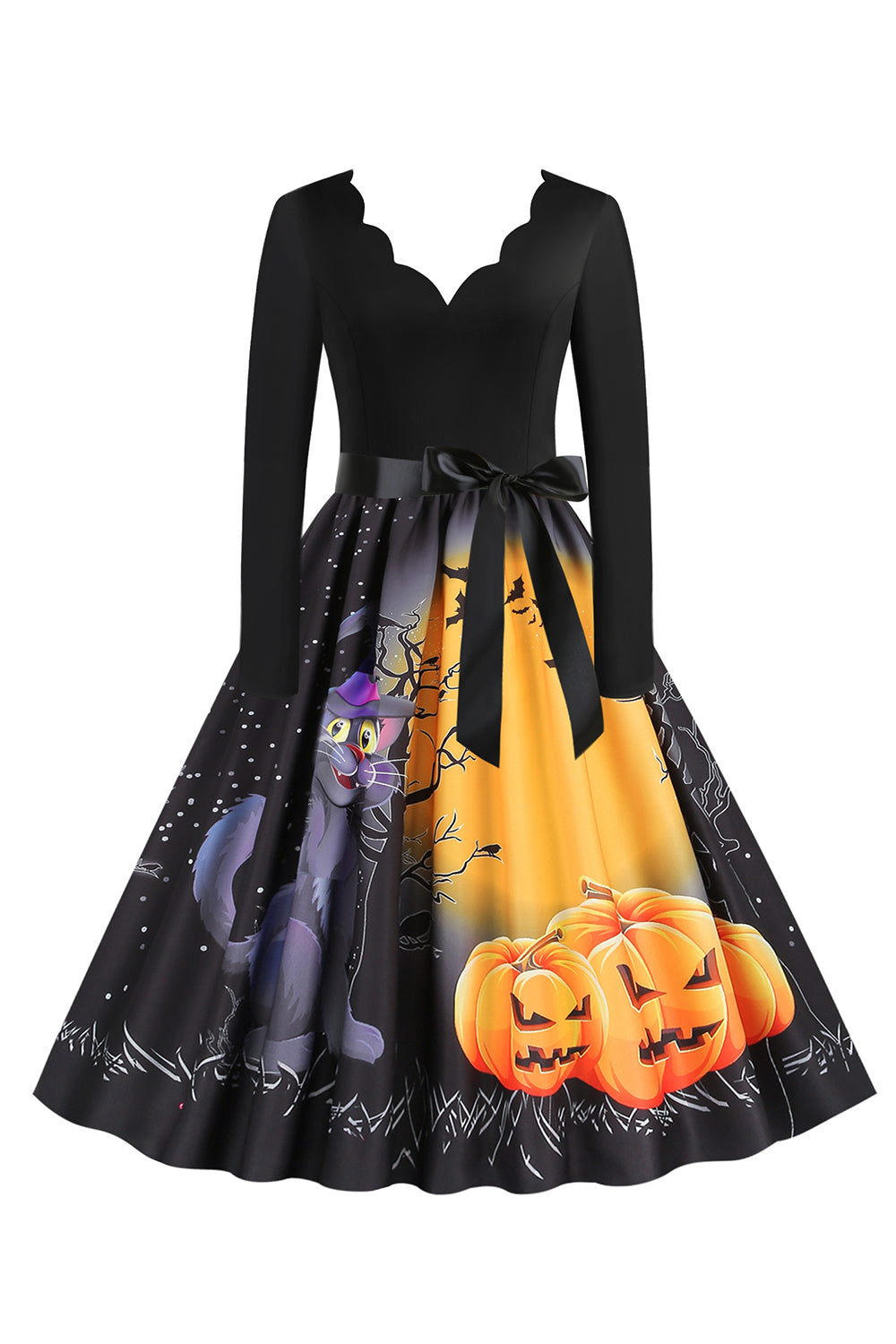 V-hals lange mouw Jack-o-lantaarn print Halloween Retro Jurk Jetzt online