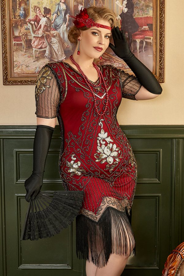 Gouden en rode jaren 1920 Plus Size Jurk met 20s Accessoires Set Mode – Bild 5