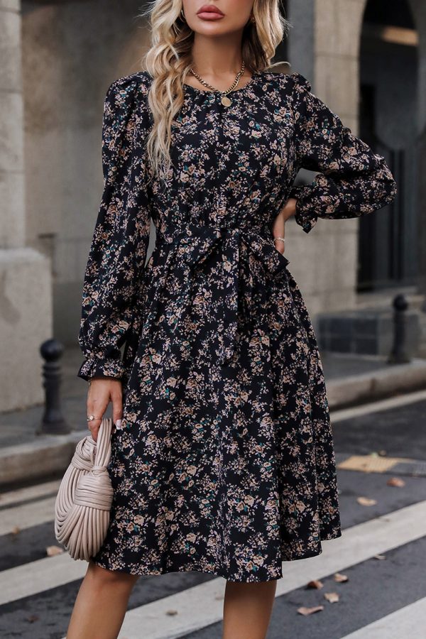 Zwarte bloemenprint lange mouwen casual jurk Angebot – Bild 4