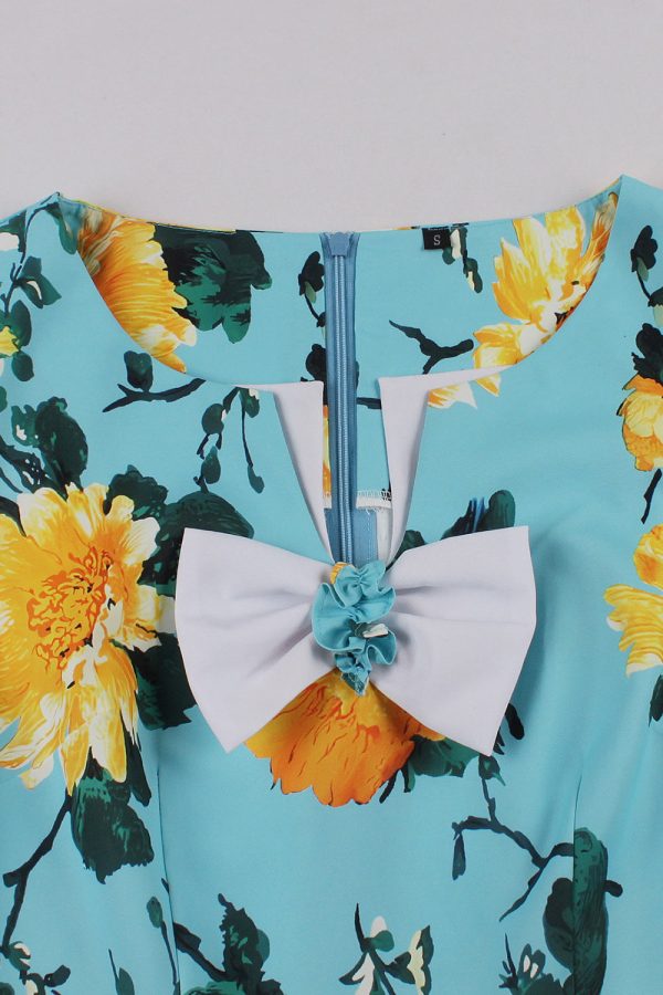 blauwe bloem print korte mouwen vintage jurk Online – Bild 4