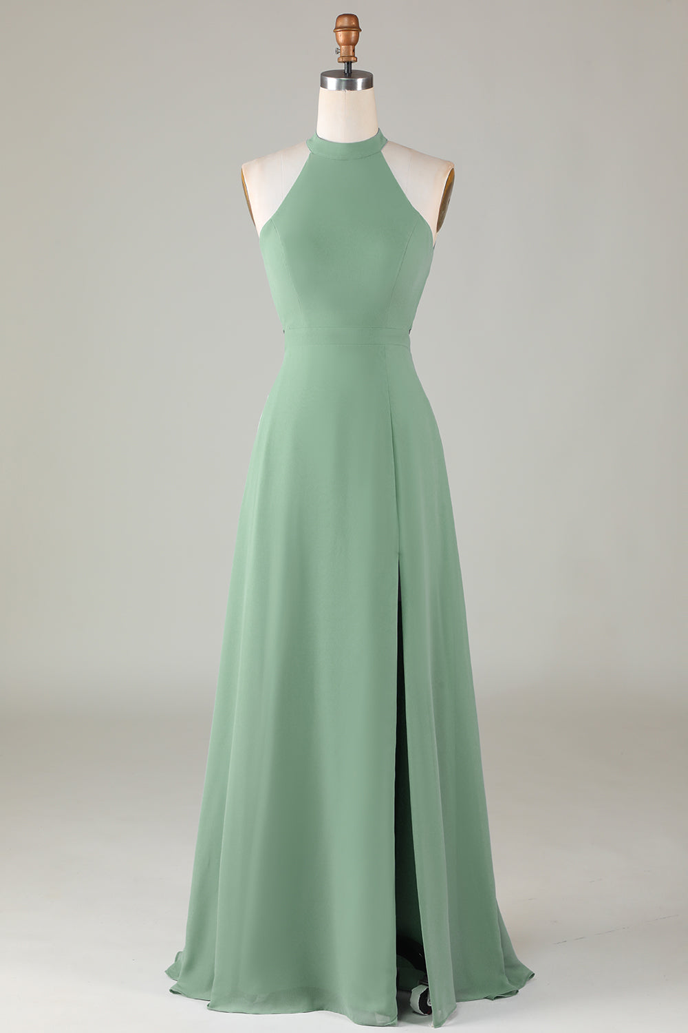 A-Lijn Halter Open Rug Matcha Bruidsmeisjesjurk met Split Front Online-Schn?ppchen