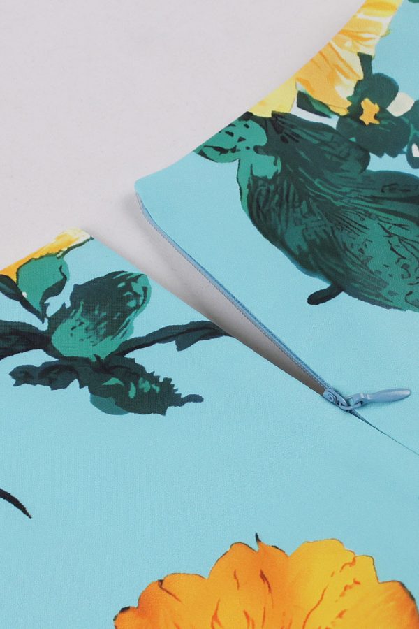 blauwe bloem print korte mouwen vintage jurk Online – Bild 5