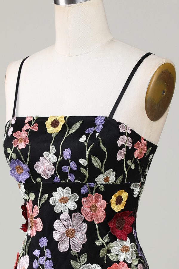 Bodycon Spaghetti Straps Zwarte Homecoming Jurk met 3D Bloemen Rabatt – Bild 5