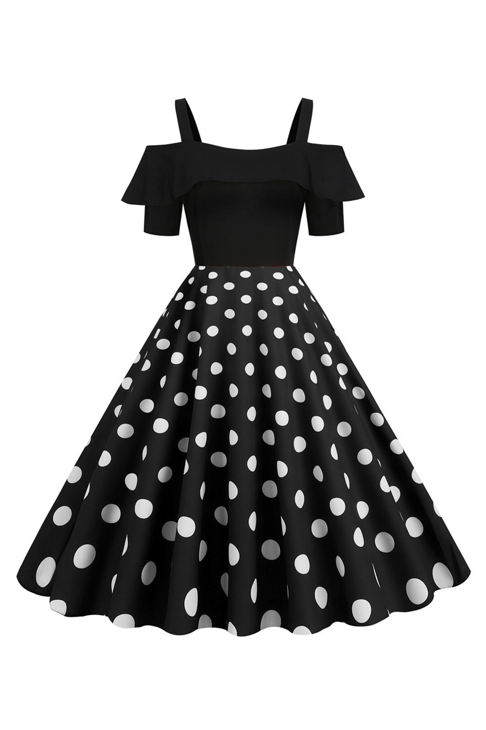 Zwarte Koude Schouder Polka Dots 1950s Jurk Angebot
