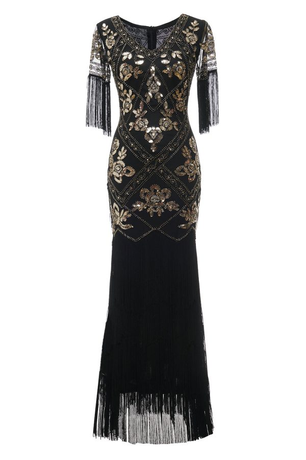 V-hals zwarte lange jaren 1920 flapper jurk met pailletten en franjes Rabatt