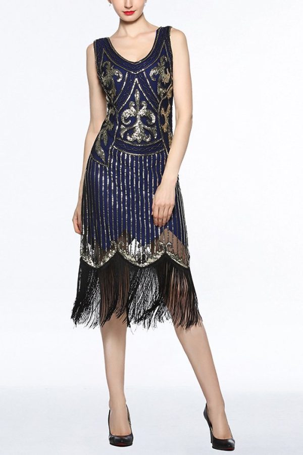 Jaren 20 Dames Pailletten Flapper Jurk met V-hals en Franjes Im Angebot