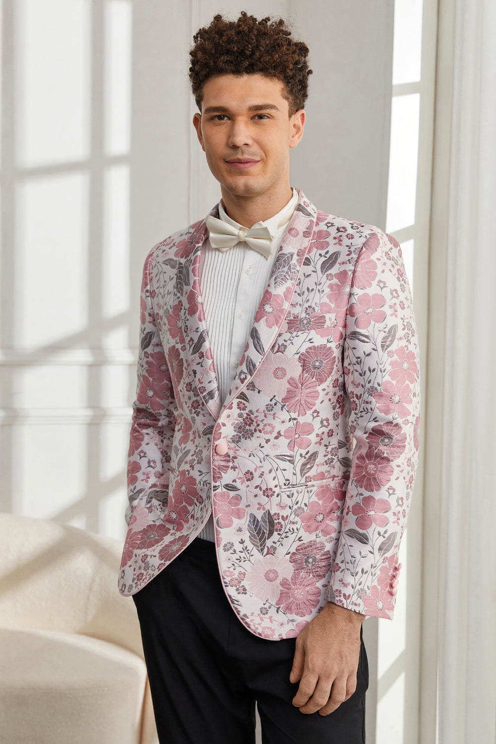 Sjaal Revers Een Knop Roze Bloemen Jacquard 2 Delige Homecoming Suits Verkauf