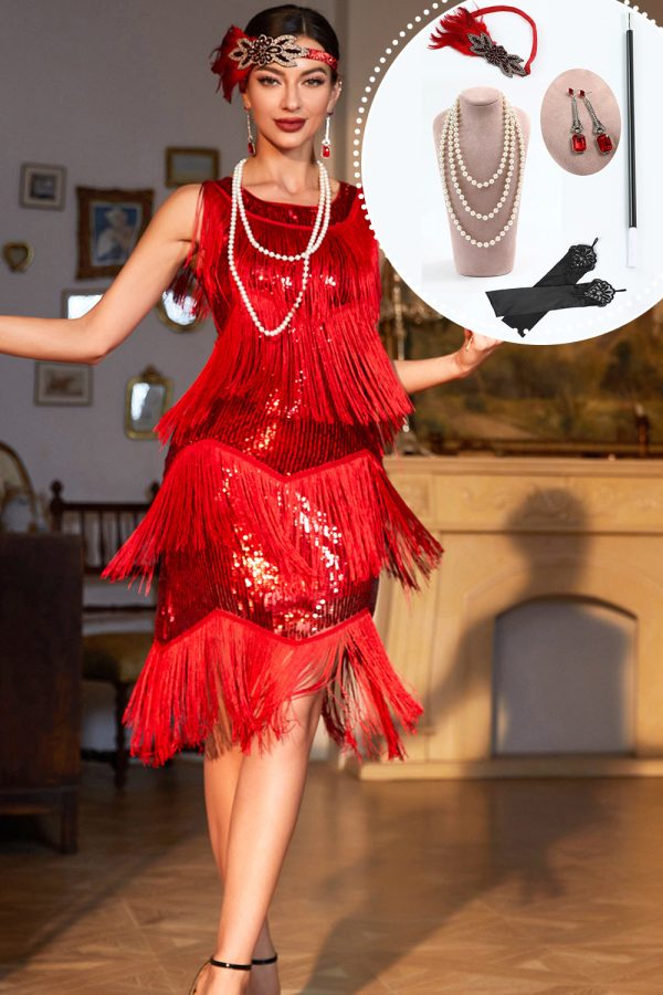 Sprankelende rode pailletten franje 1920s Gatsby Jurk met 20s accessoires Online-Verkauf